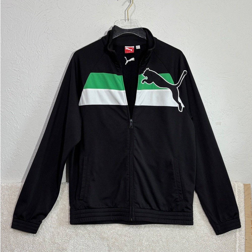 Puma Mens Sportlifestyle Track Jacket Black Green White Logo Full Zip Size M